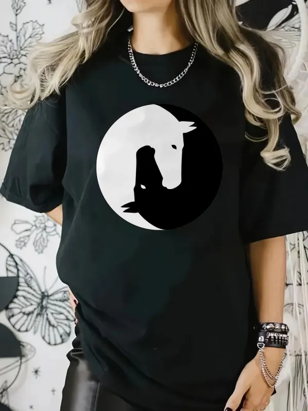 Tailorly Women's Printed Tee - Contrast Silhouette Woman With Horse In A Circular Harmony made by Tailorly