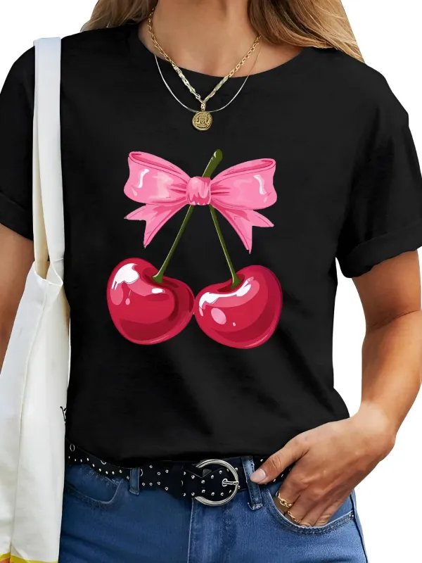 Tailorly Women's Printed Tee - Shiny Red Cherries With Pink Ribbon Accents Under Summer Sun Cherry made by Tailorly
