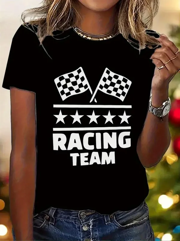 Tailorly Women's Printed Tee - Racing Team With Checkered Flags And Stars Racing Motif made by Tailorly
