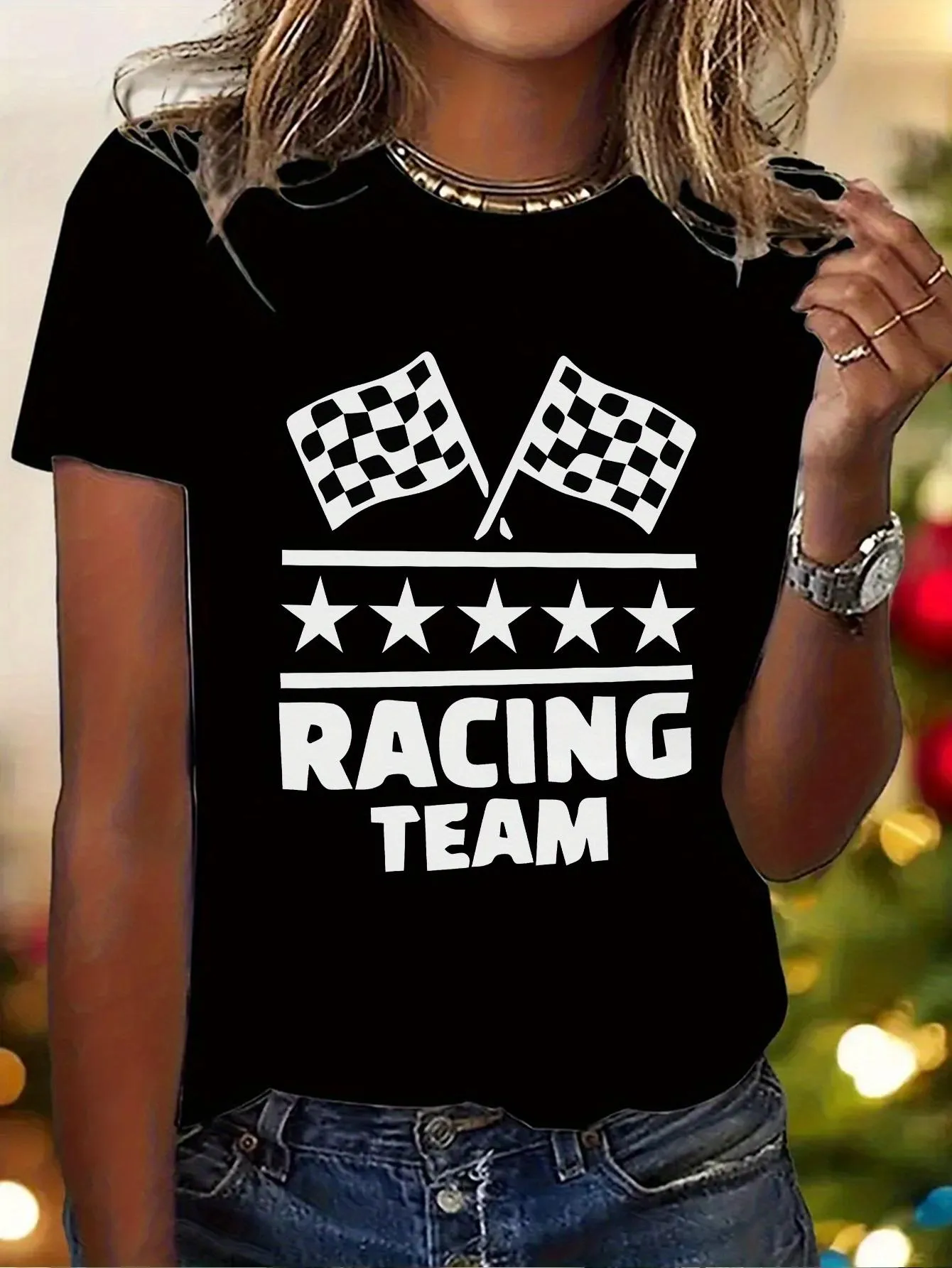Tailorly Women's Printed Tee - Racing Team With Checkered Flags And Stars Racing Motif sold by Tailorly