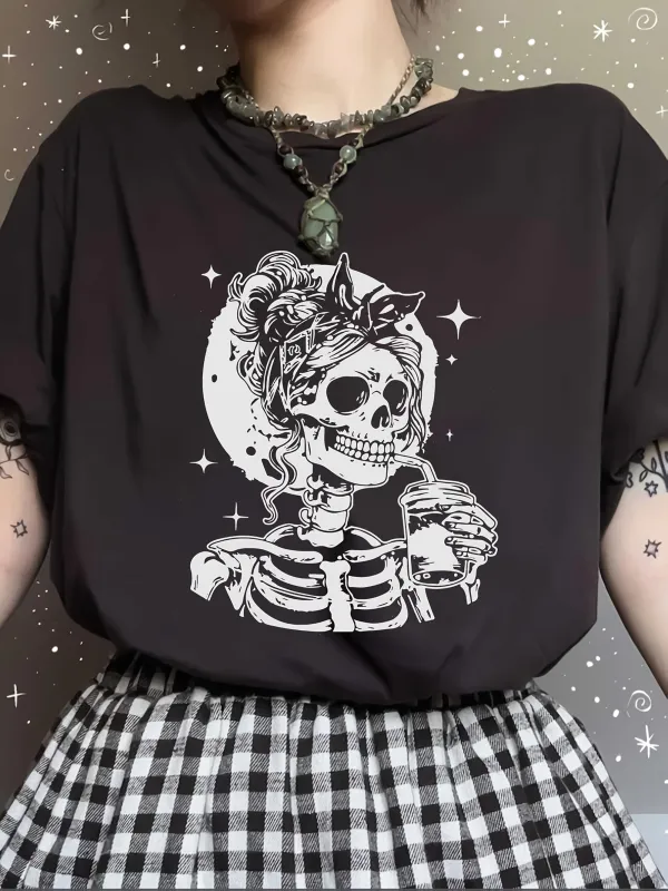 Tailorly Women's Printed Tee - Retro Moonlit Night Skeleton Singer With Sparkling Stars Surrounded By Roses made by Tailorly