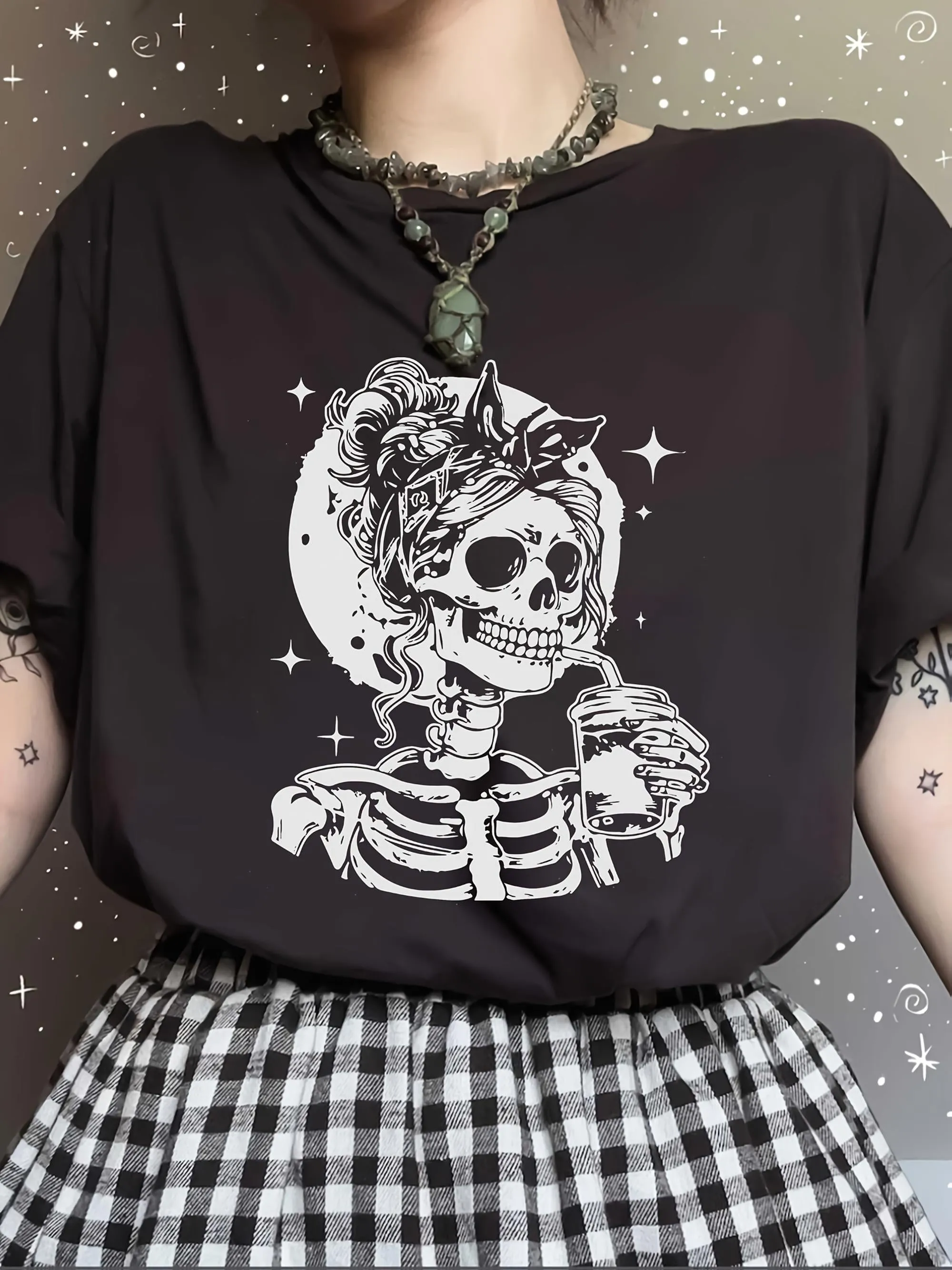Tailorly Women's Printed Tee - Retro Moonlit Night Skeleton Singer With Sparkling Stars Surrounded By Roses sold by Tailorly