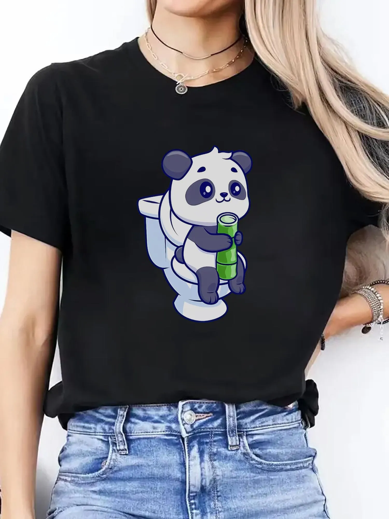 Tailorly Women's Printed Tee - Cute Panda Sitting With Green Drink On Toilet sold by Tailorly