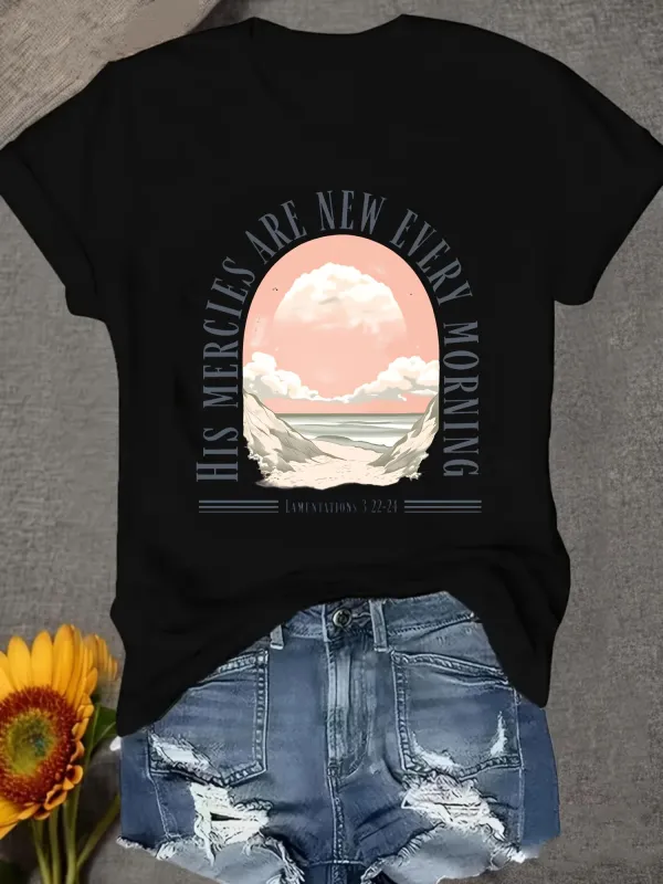 Tailorly Women's Printed Tee - His Mercies Are New Every Morning Gentle Pink Sky And Peaceful Beach Sunrise View made by Tailorly