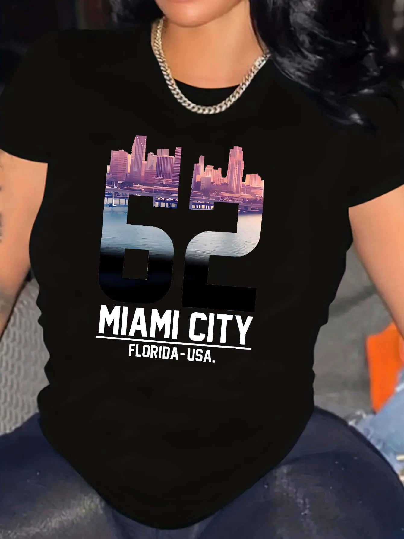 Tailorly Women's Printed Tee - Miami City Sunset Skyline Reflected Across Bold Urban Number Graphic sold by Tailorly