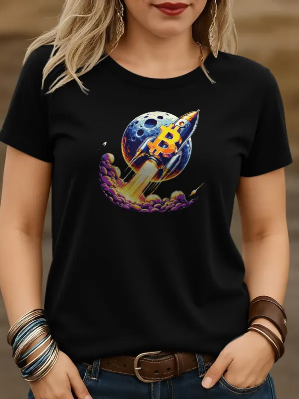 Tailorly Women's Printed Tee - Colorful Rocket Blasting Through Clouds Toward Full Moon made by Tailorly