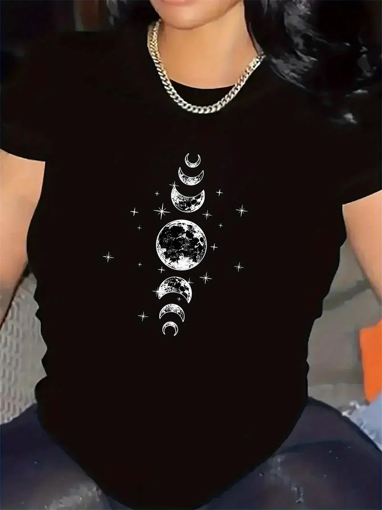 Tailorly Women's Printed Tee - Celestial Night Sky Phases With Shining Stars And Radiant Full Moon sold by Tailorly