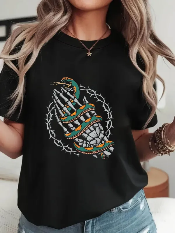 Tailorly Women's Printed Tee - Colorful Striped Serpent Coiling Around Skeletal Hand Surrounded By Barbed Wire made by Tailorly