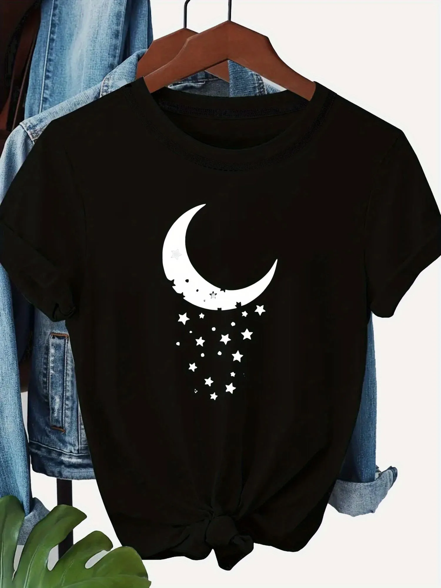 Tailorly Women's Printed Tee - Dreamy Night Sky With Scattered Falling Stars Beneath Glowing Crescent Moon sold by Tailorly