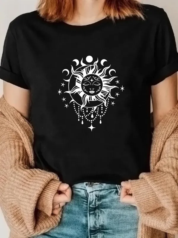 Tailorly Women's Printed Tee - Celestial Patterns With Radiating Sun Moon And Dancing Stars Sun made by Tailorly