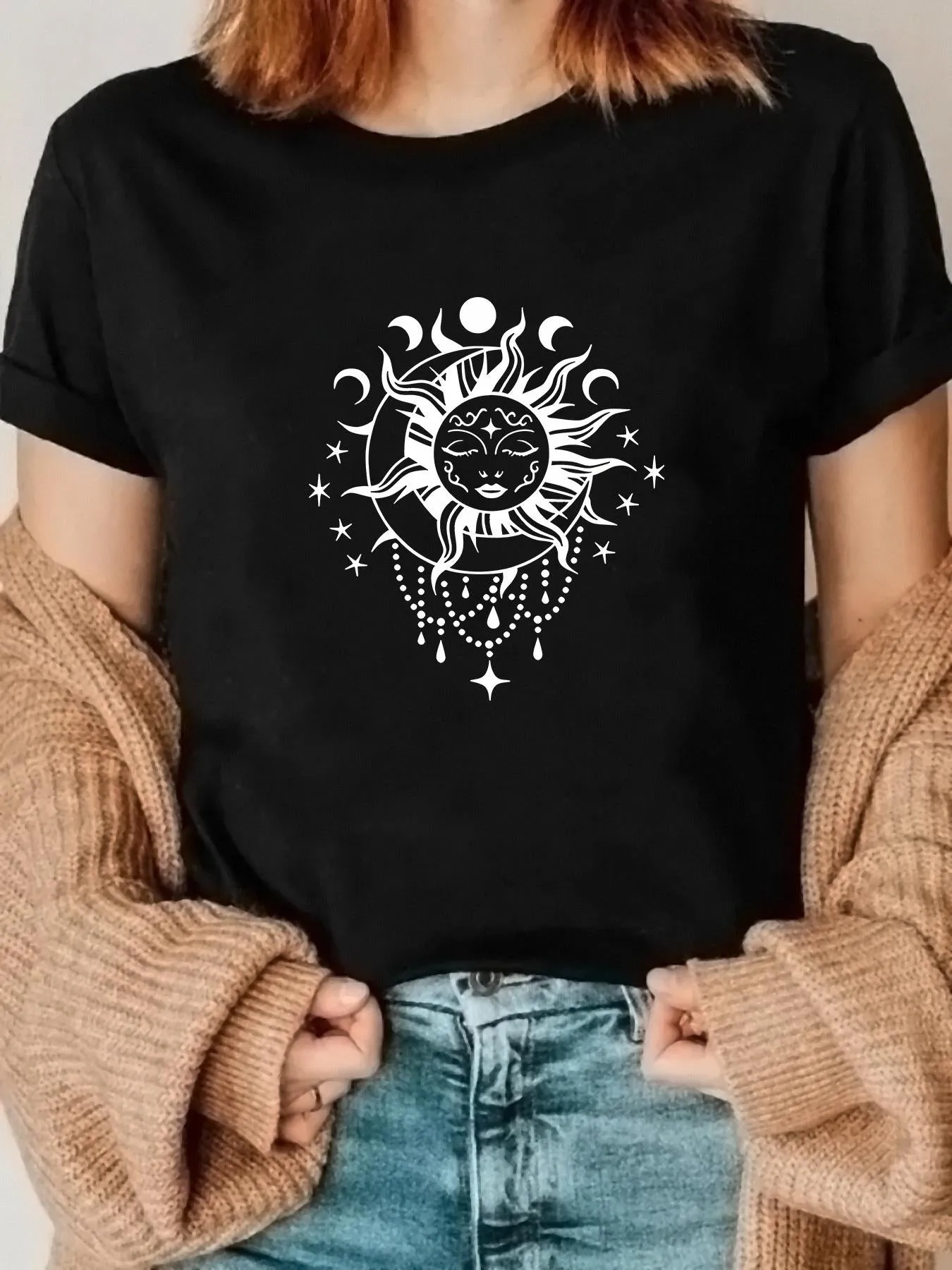 Tailorly Women's Printed Tee - Celestial Patterns With Radiating Sun Moon And Dancing Stars Sun sold by Tailorly