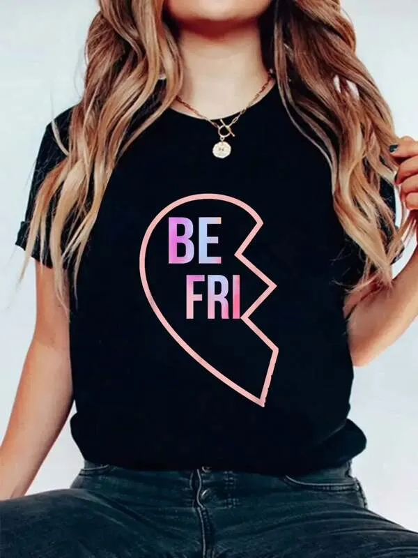 Tailorly Women's Printed Tee - Colorful Letters Inside Pink Outline Broken Heart sold by Tailorly