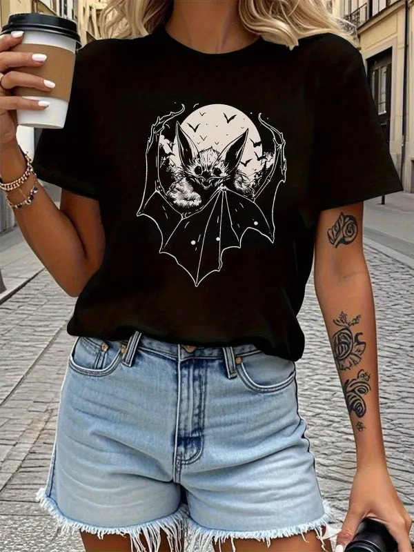 Tailorly Women's Printed Tee - Full Moon With Bats Stars Night Sky Surrounded By Forest Trees made by Tailorly