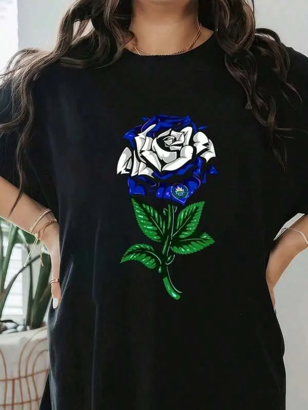Tailorly Women's Printed Tee - Vivid Blue White Petals And Lush Green Leaves Single Rose made by Tailorly