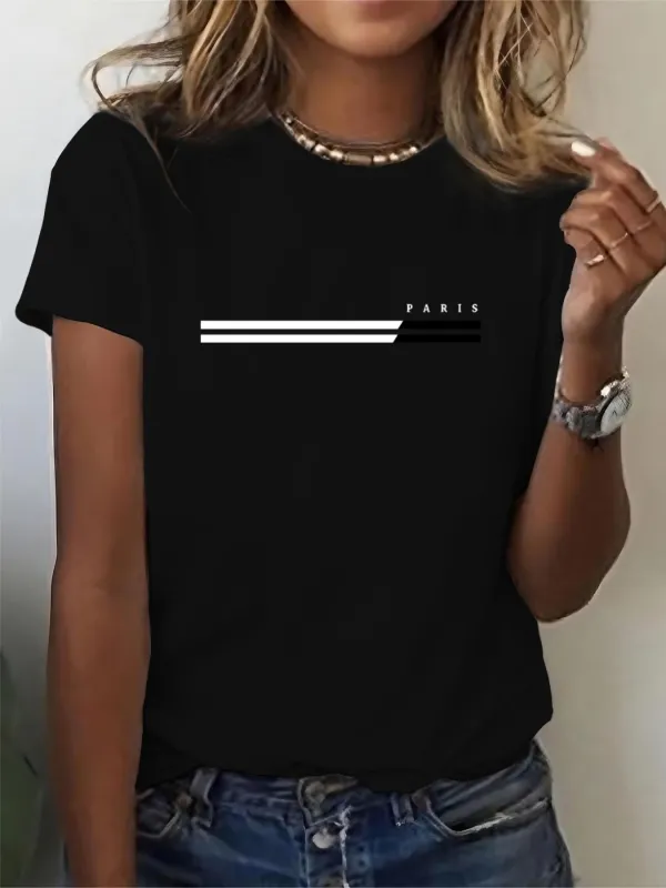 Tailorly Women's Printed Tee - Minimalist Contrasting Striped Design With White Text Paris T Shirt made by Tailorly