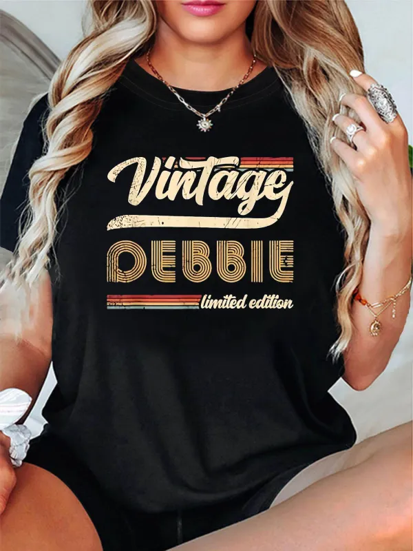 Tailorly Women's Printed Tee - Vintage Debbie Limited Edition Retro Typography With Distressed Stripes Effect Text made by Tailorly