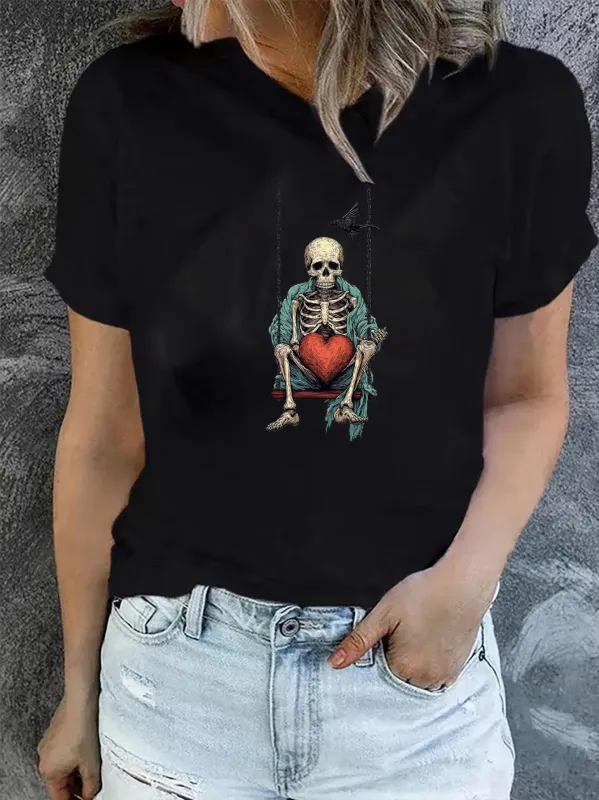 Tailorly Women's Printed Tee - Colorful Skeleton Wearing Jacket Holding A Big Red Heart made by Tailorly