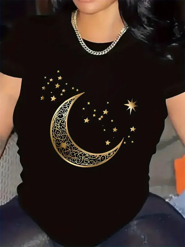 Tailorly Women's Printed Tee - Golden Crescent Moon Surrounded By Sparkling Stars Patterned Night Sky made by Tailorly