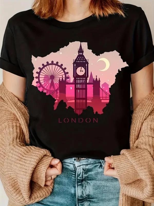 Tailorly Women's Printed Tee - London Night Skyline With Iconic Landmarks And City Outline made by Tailorly