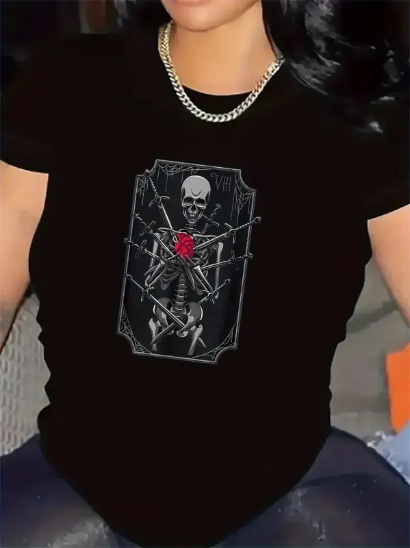 Tailorly Women's Printed Tee - Barbed Wires Piercing Through Red Heart Skeleton made by Tailorly