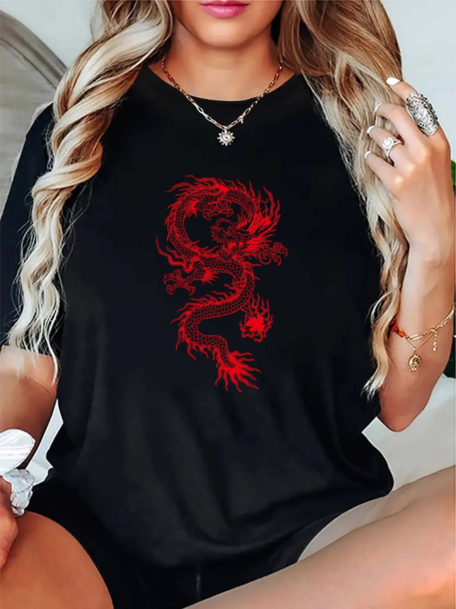 Tailorly Women's Printed Tee - Vivid Red Oriental Spirit Surrounded By Fire Dragon Pattern sold by Tailorly