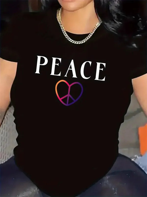 Tailorly Women's Printed Tee - Peace With Multicolored Gradient Heart Peace Symbol made by Tailorly