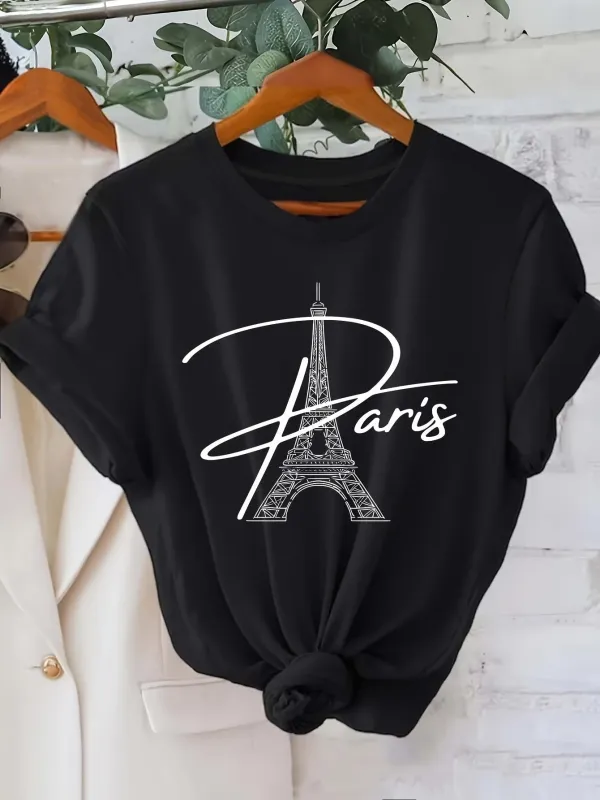 Tailorly Women's Printed Tee - Paris With Artistic Eiffel Tower Line Drawing Graphic T Shirt made by Tailorly