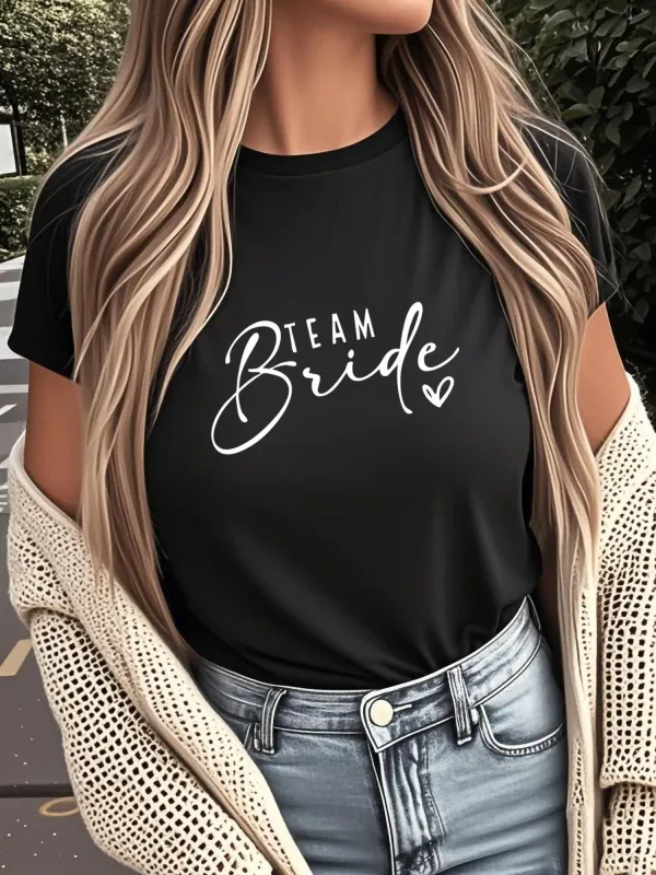 Tailorly Women's Printed Tee - Team Bride Playful Script With Heart Motif On Soft Cotton Shirt made by Tailorly