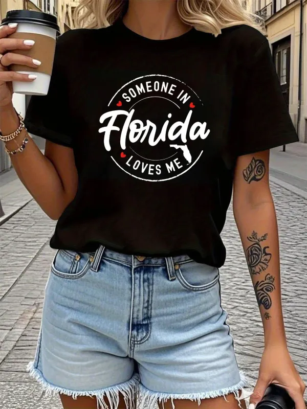 Tailorly Women's Printed Tee - Someone In Florida Loves Me Casual Black Travel TShirt made by Tailorly