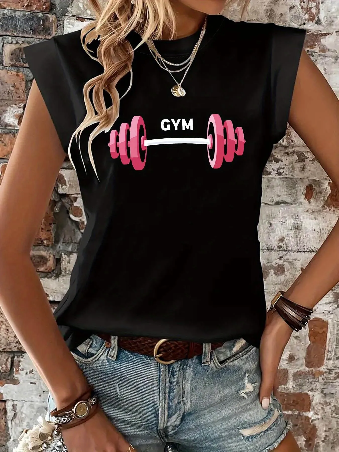 Tailorly Women's Printed Tee - Gym Fitness Barbell With Pink Weights Centered On Black T Shirt sold by Tailorly