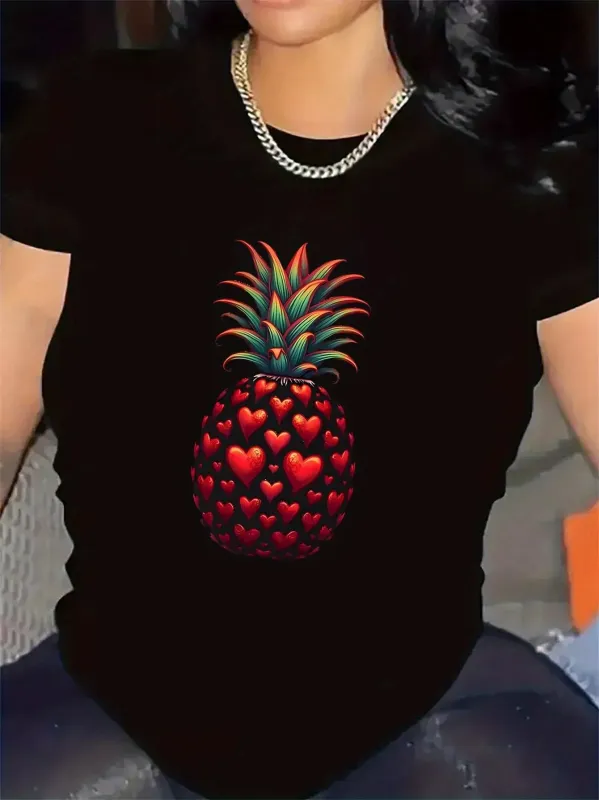 Tailorly Women's Printed Tee - Radiant Red Heart Shapes Decorating Tropical Pineapple made by Tailorly