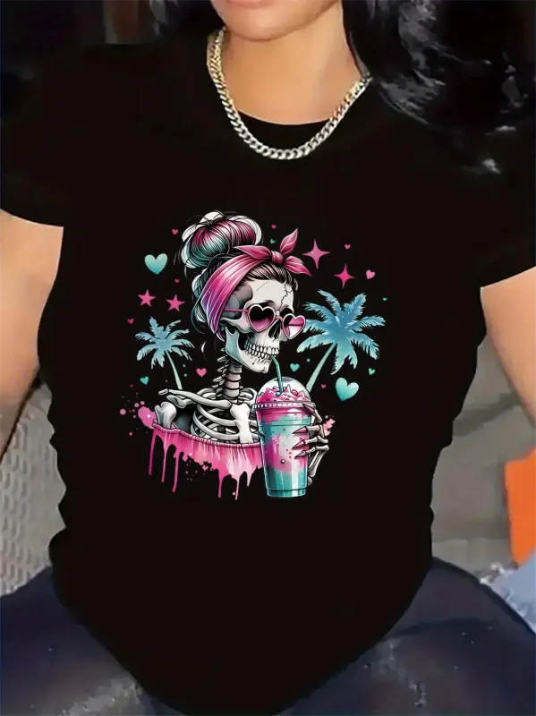 Tailorly Women's Printed Tee - Pastel Downtown Nightlife With Neon Palms And Skeleton Girl made by Tailorly