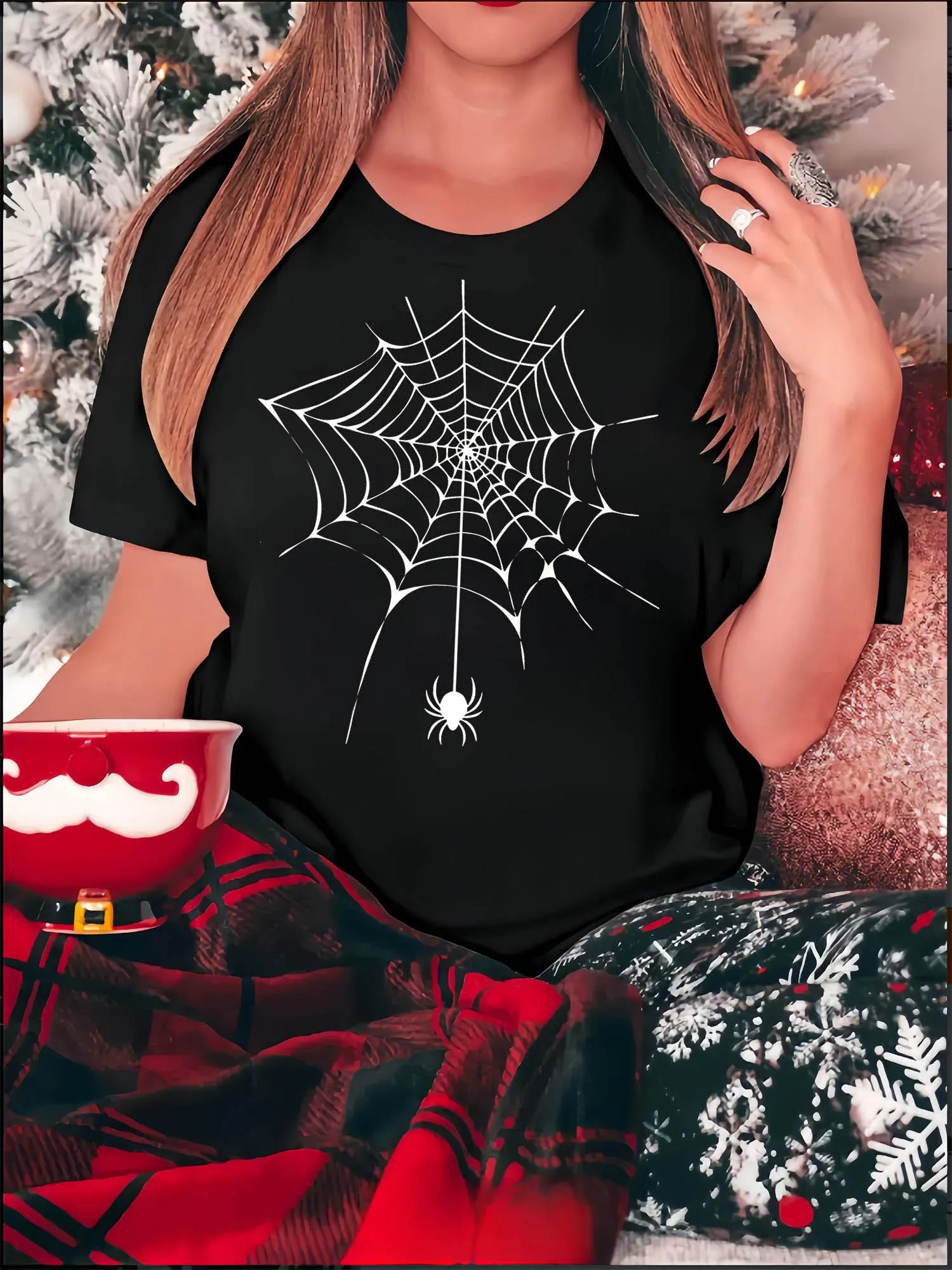Tailorly Women's Printed Tee - Intricate Shining Lines Forming A Centered White Spiderweb And Lone Spider sold by Tailorly