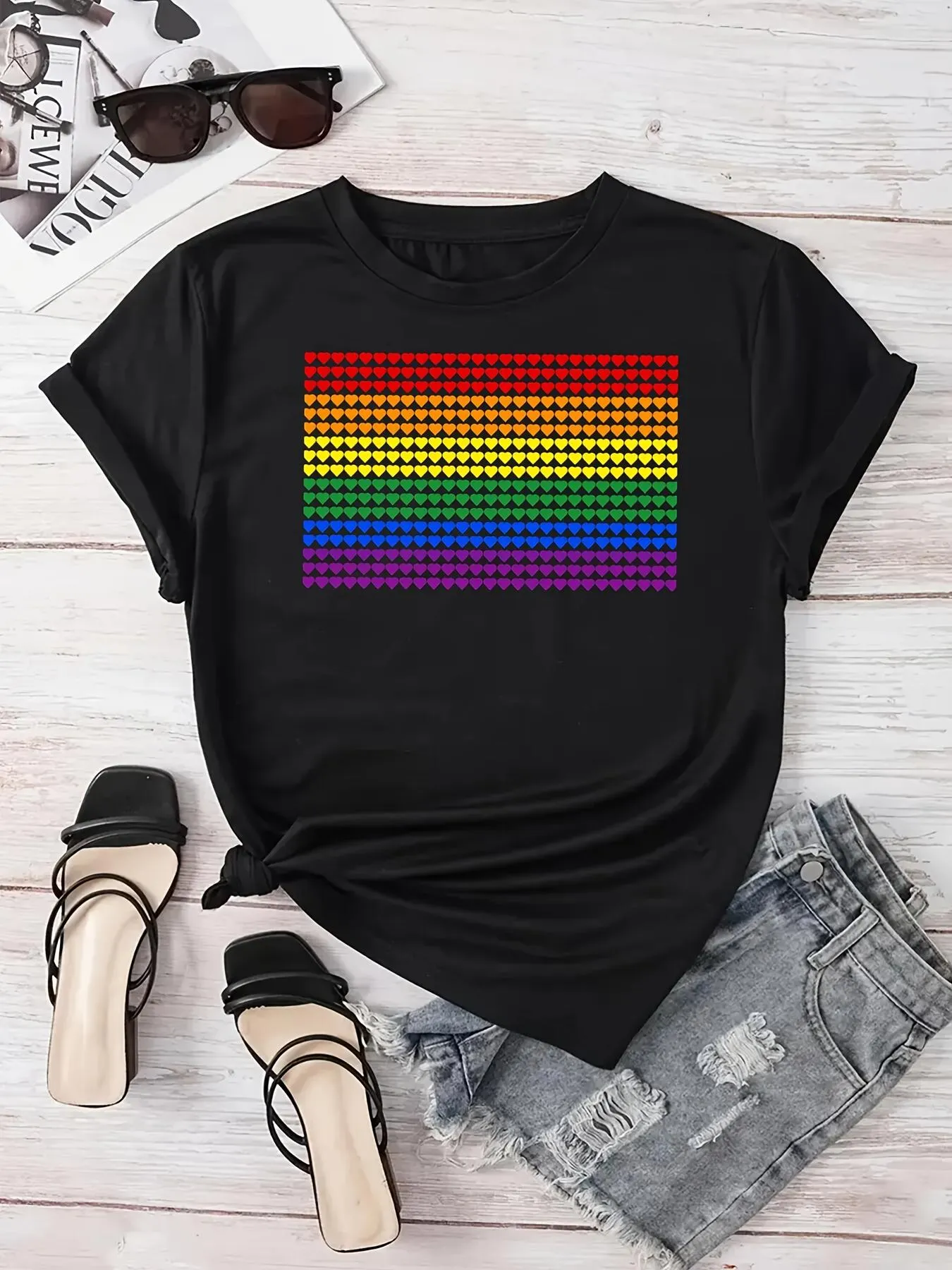 Tailorly Women's Printed Tee - Colorful Dotted Rainbow Flag Pattern On Contemporary Black Tee sold by Tailorly