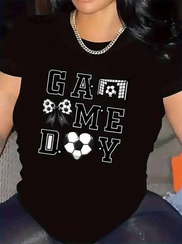 Tailorly Women's Printed Tee - Game Day Bold Block Letters With Soccer Ball And Goal Graphic made by Tailorly