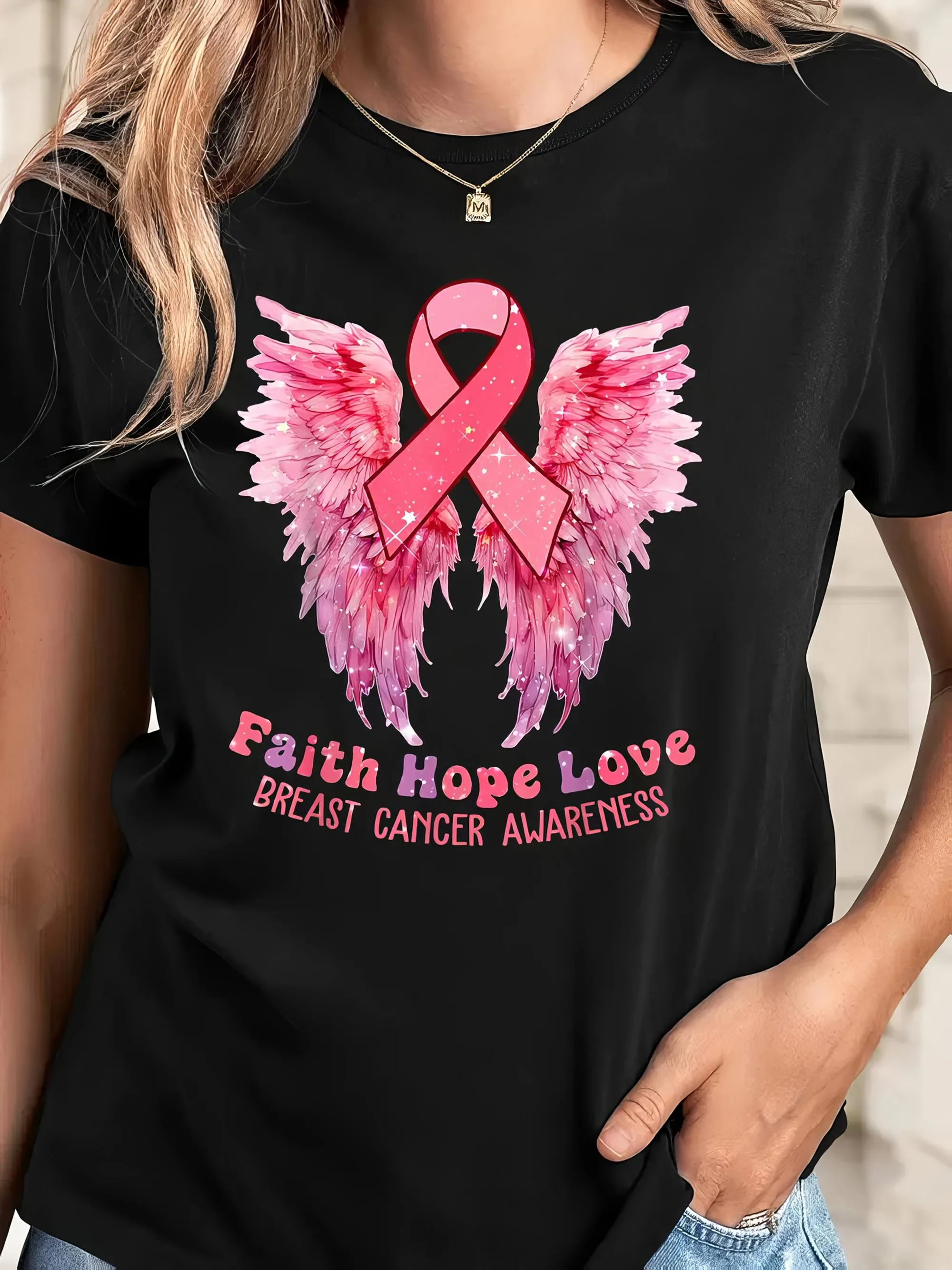 Tailorly Women's Printed Tee - Faith Hope Love With Pink Feathers And Ribbon Angel Wings sold by Tailorly