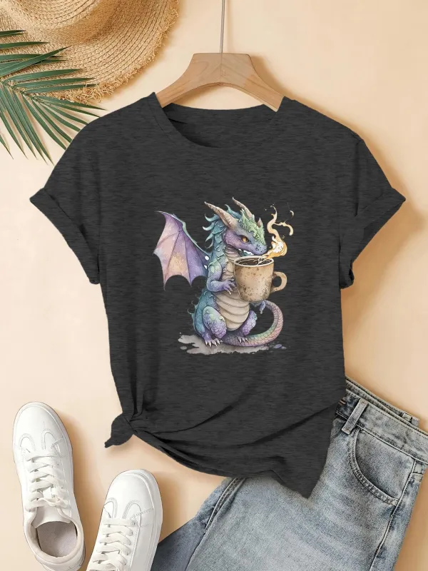 Tailorly Women's Printed Tee - Playful Blue Dragon Perched On A Steaming Coffee Cup Under Soft Light made by Tailorly