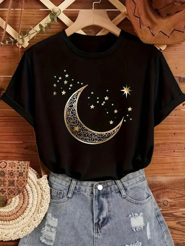 Tailorly Women's Printed Tee - Golden Patterned Crescent Moon With Glittering Stars On Night Sky made by Tailorly