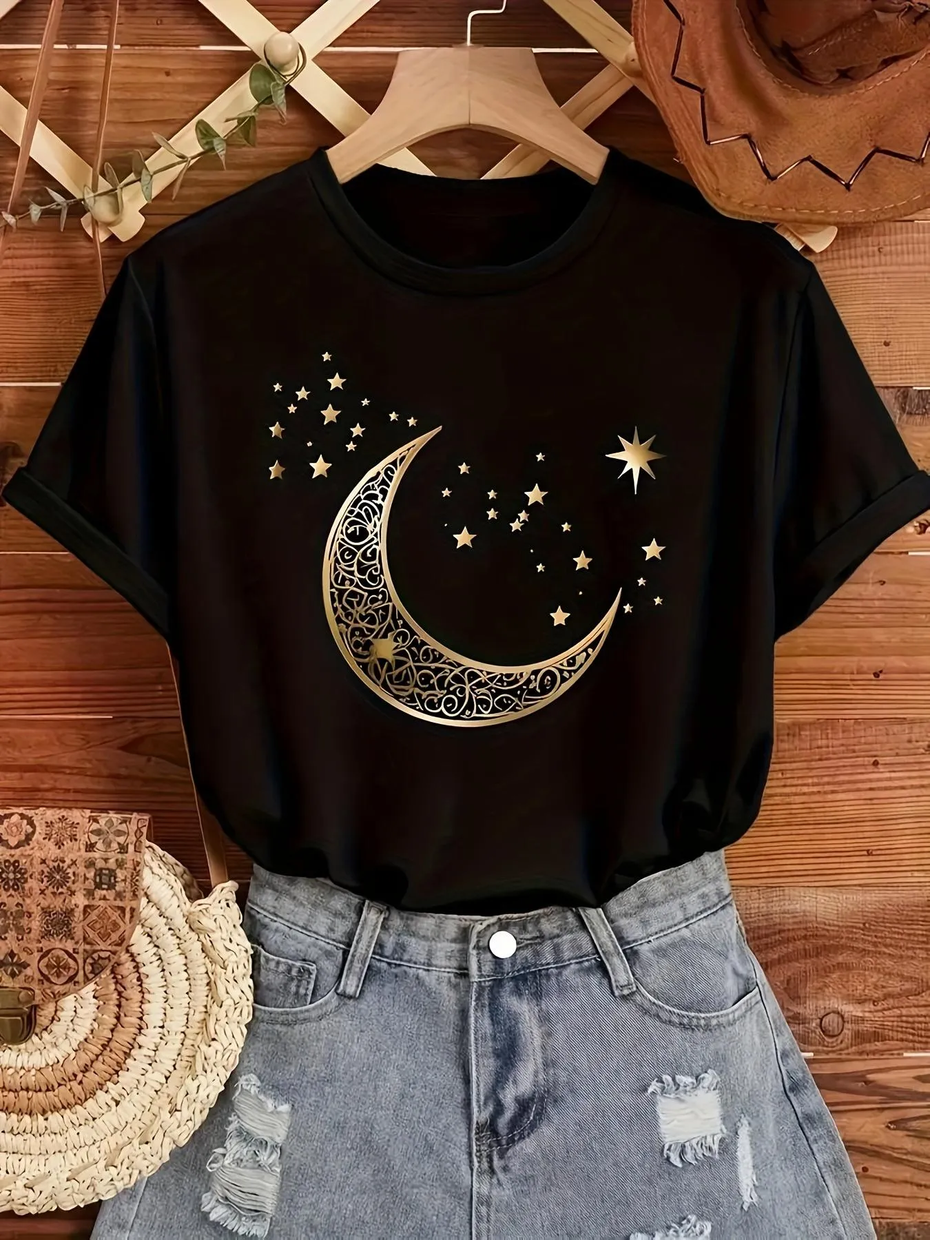Tailorly Women's Printed Tee - Golden Patterned Crescent Moon With Glittering Stars On Night Sky sold by Tailorly