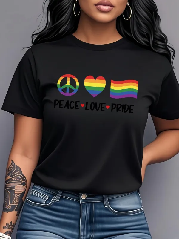 Tailorly Women's Printed Tee - Peace Love And Rainbow Flag With Colorful Pride Symbols made by Tailorly