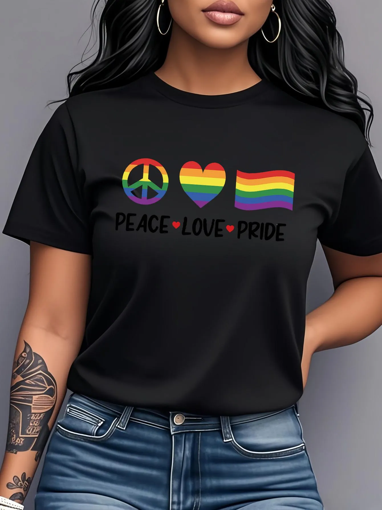 Tailorly Women's Printed Tee - Peace Love And Rainbow Flag With Colorful Pride Symbols sold by Tailorly