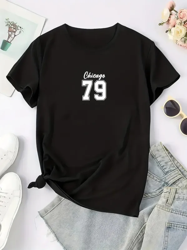Tailorly Women's Printed Tee - Chicago Urban Style With Bold White Numbers Featuring Classic Number made by Tailorly
