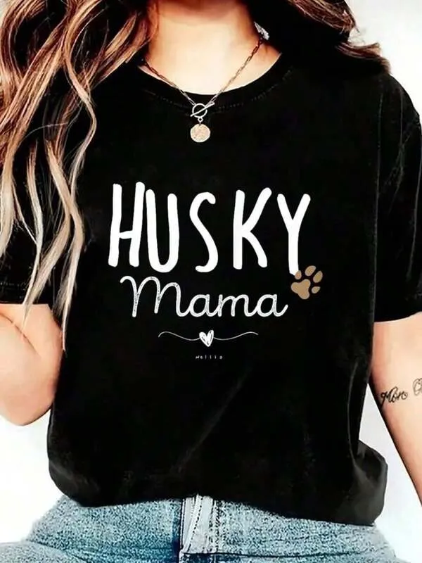 Tailorly Women's Printed Tee - Husky Mama With Cute Paw Print And Heart Graphic made by Tailorly