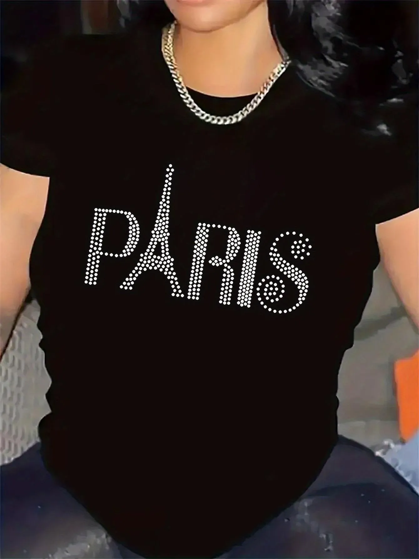 Tailorly Women's Printed Tee - Paris Iconic Eiffel Tower Motif Dotted Letter Design Black T Shirt sold by Tailorly