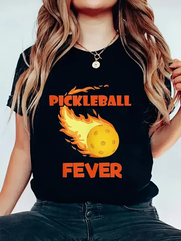Tailorly Women's Printed Tee - Pickleball Fever Flaming Yellow Ball Under Bold Letters made by Tailorly