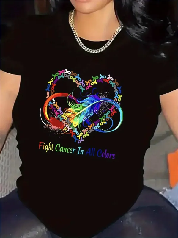 Tailorly Women's Printed Tee - Fight Cancer In All Colors Heart Ribbon Motif With Colorful Feathers Surrounded By Bright Awareness Symbols made by Tailorly