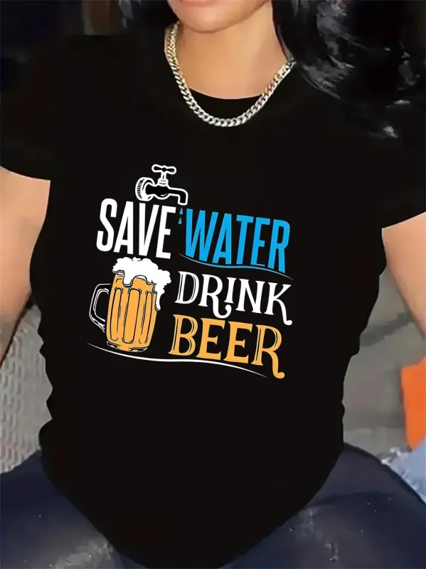 Tailorly Women's Printed Tee - Save Water Drink Beer With Colorful Tap Above Frosty Beer Mug made by Tailorly