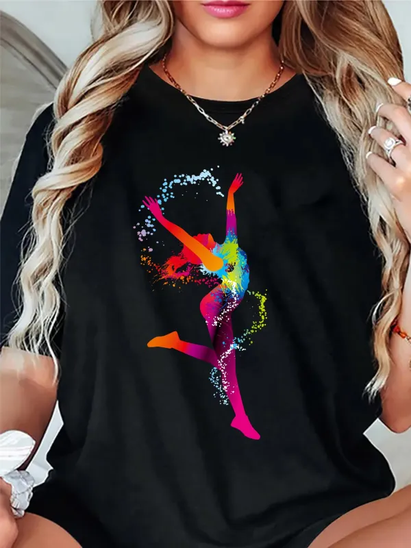Tailorly Women's Printed Tee - Colorful Paint Effect With Splattered Artistic Dancing Ballerina Figure made by Tailorly