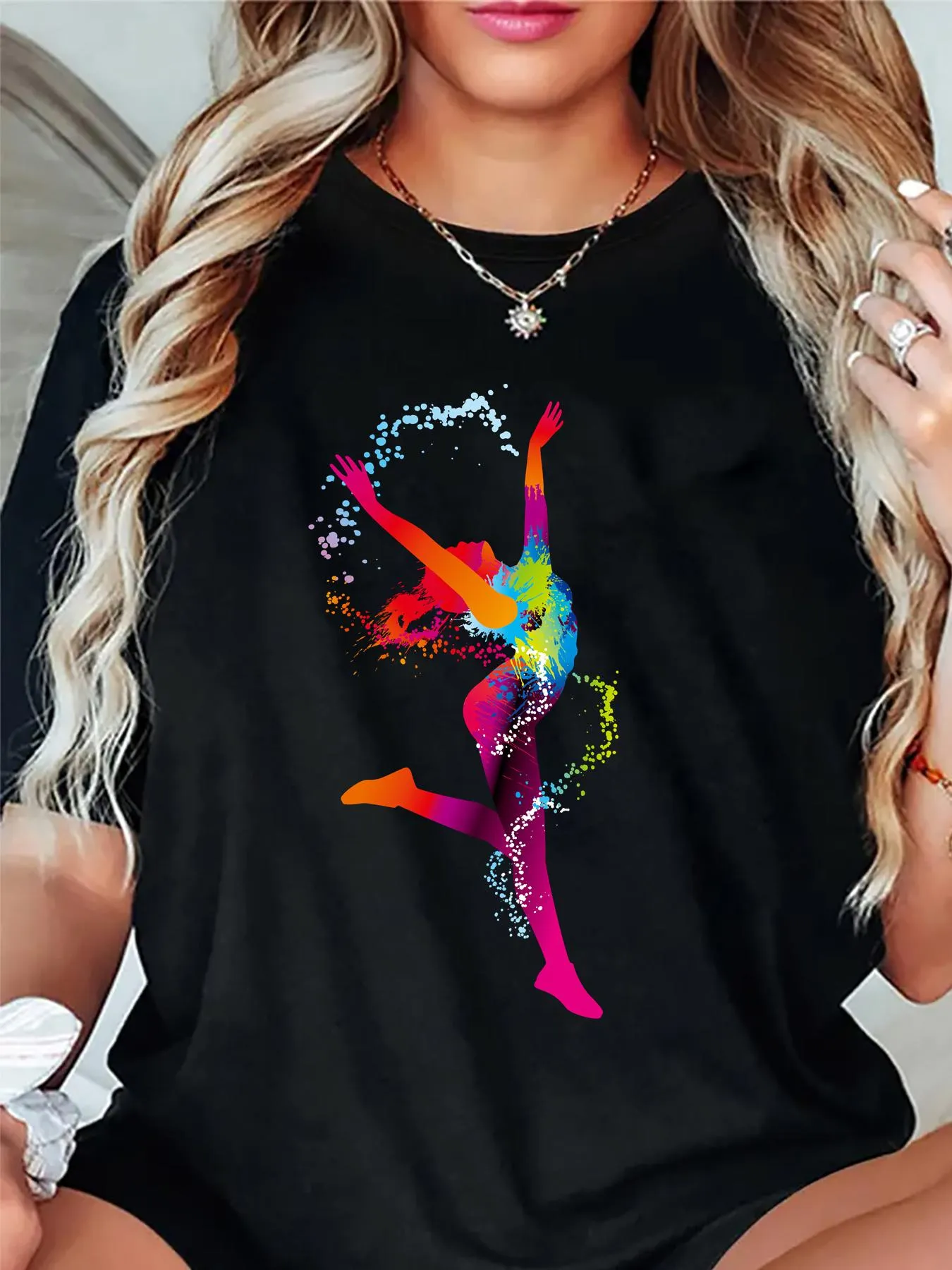 Tailorly Women's Printed Tee - Colorful Paint Effect With Splattered Artistic Dancing Ballerina Figure sold by Tailorly