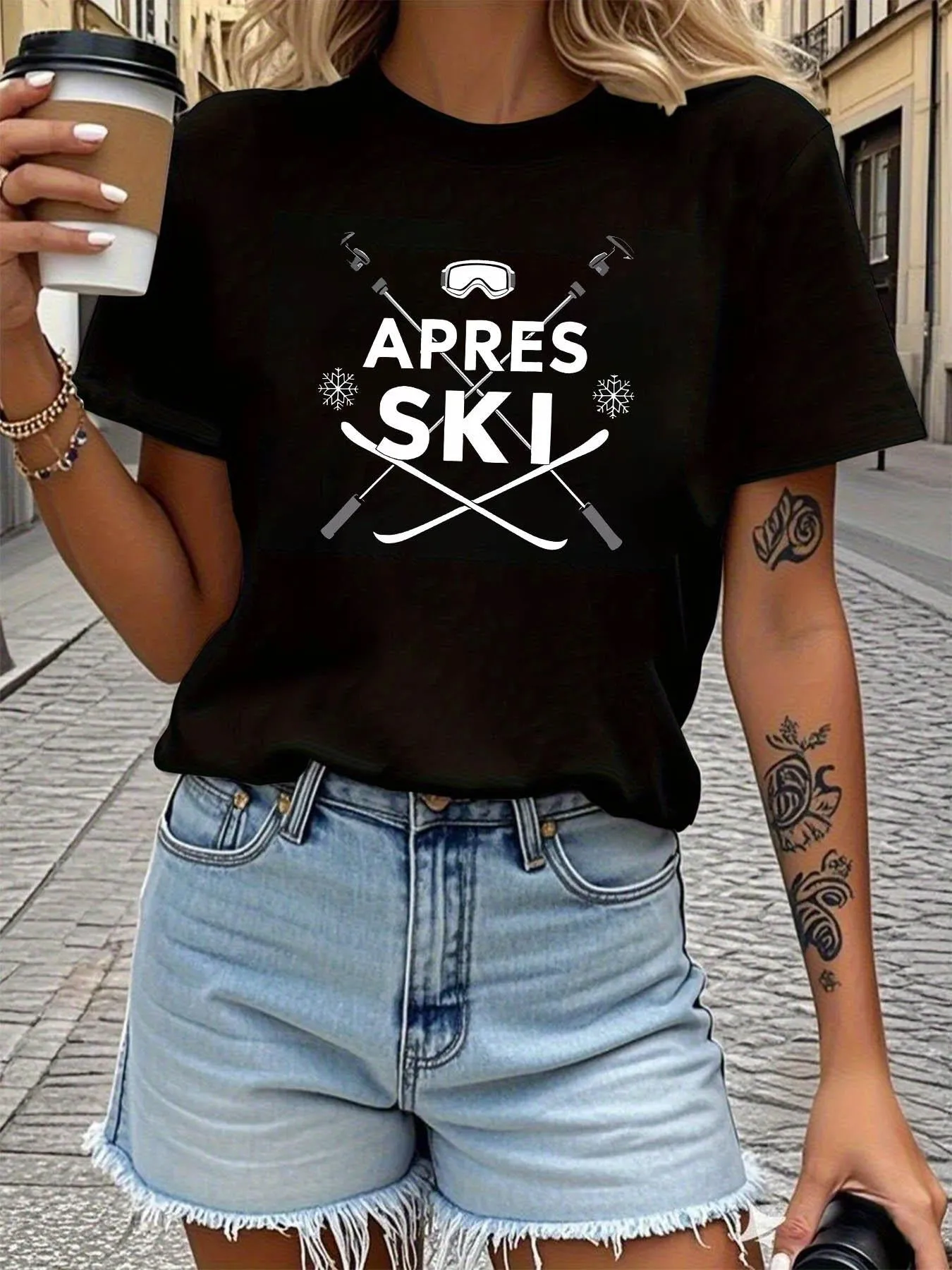 Tailorly Women's Printed Tee - Apres Ski Crossed Skis With Snowflakes And Mountain Goggles sold by Tailorly